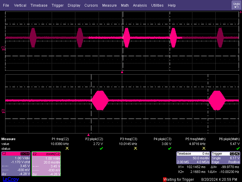 TAC5412QRGERQ1 SG2 Continuous Pulse Mode
                    Scope Capture: 10KHz Signal at 2Vrms, Full-Scale