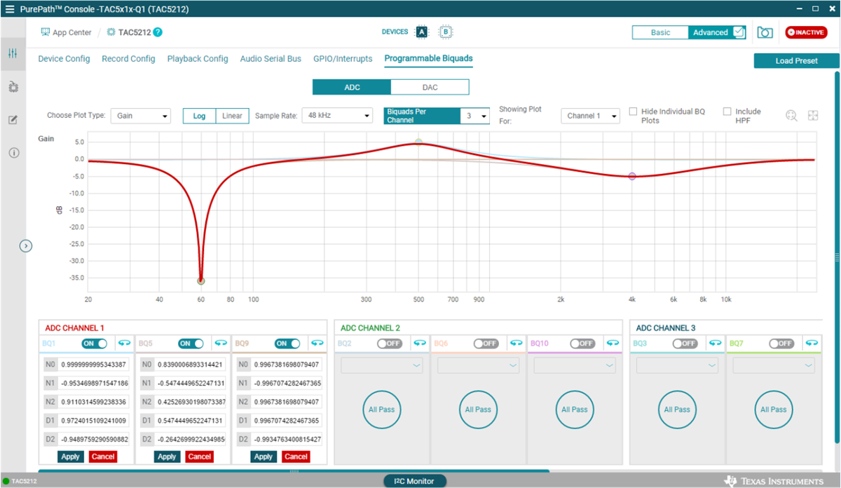  PurePath™ Console Programmable
                Biquad Filter Example Showing the Computed Coefficients in Normalized Floating Point
                Format