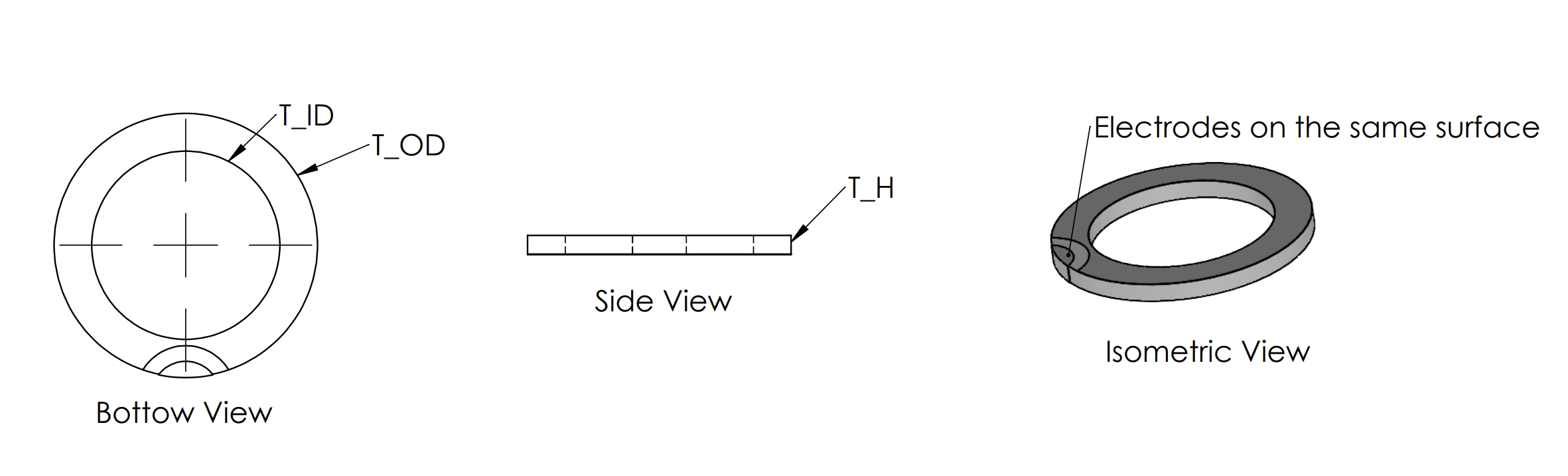  Transducer: Top View, Side View
                and Isometric View