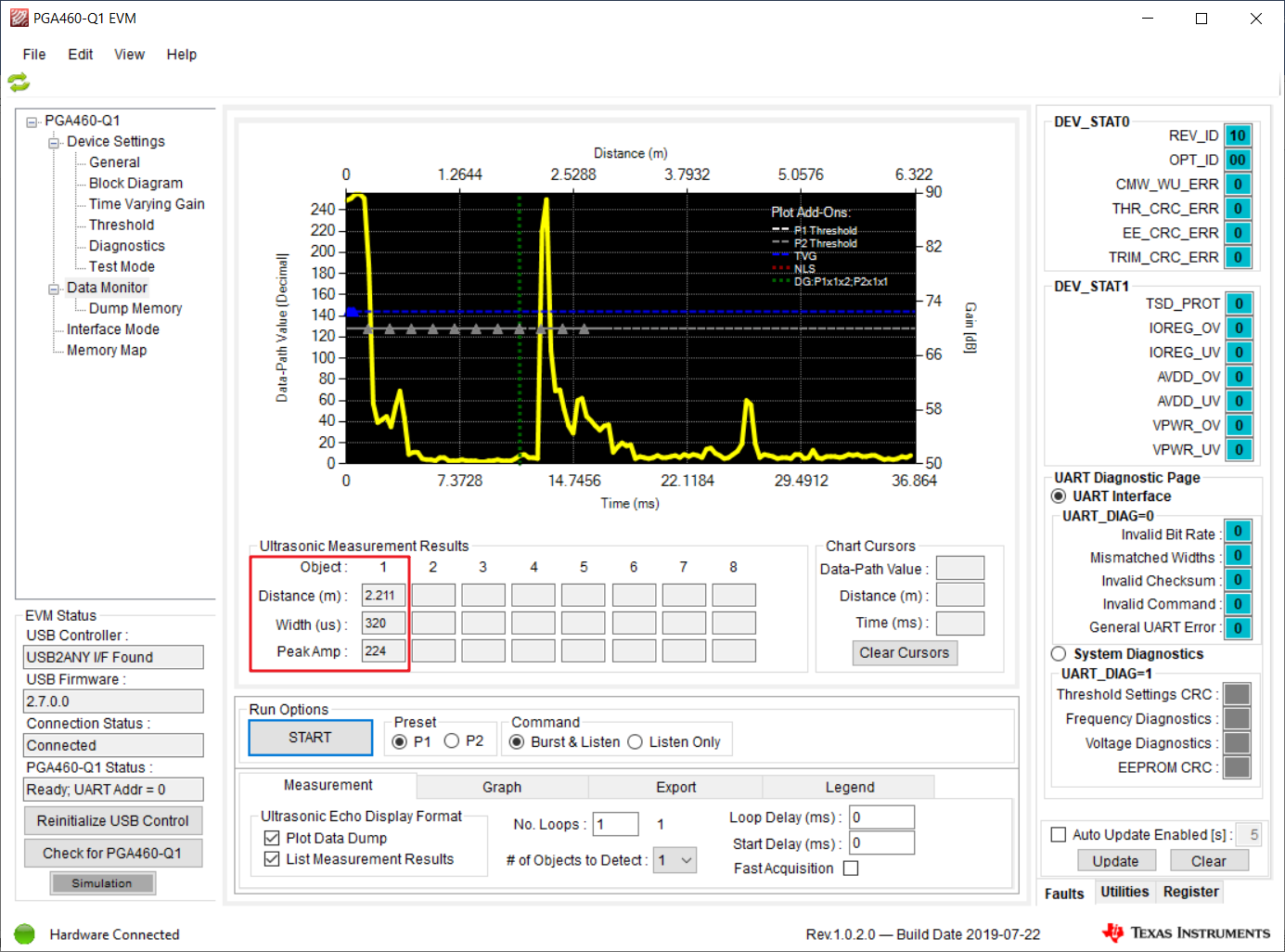 PGA460, MSPM0  PGA460-Q1 GUI
                            Detection Results