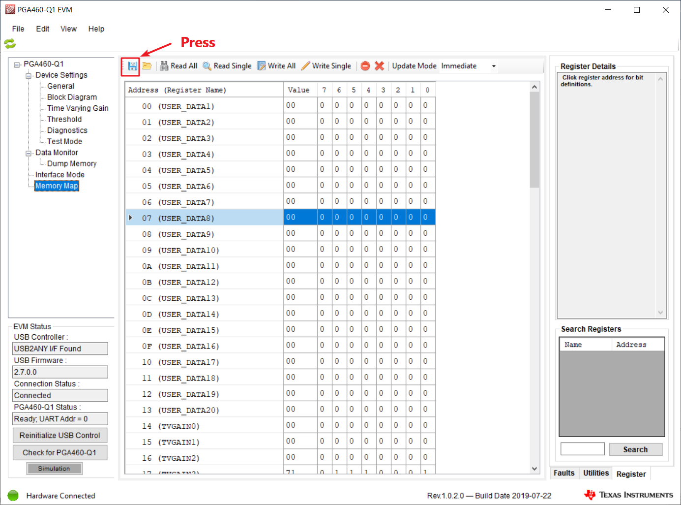 PGA460, MSPM0  Memory Map in
                            GUI