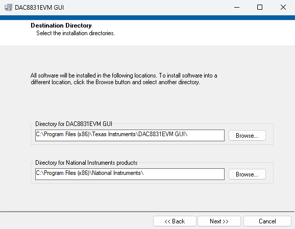 DAC883xEVM Software Installation Path