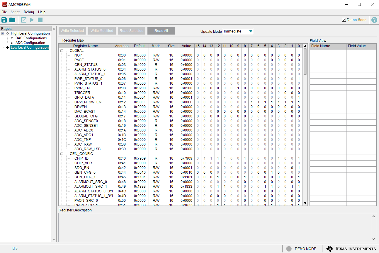 AMC7908EVM Low Level Configuration Page