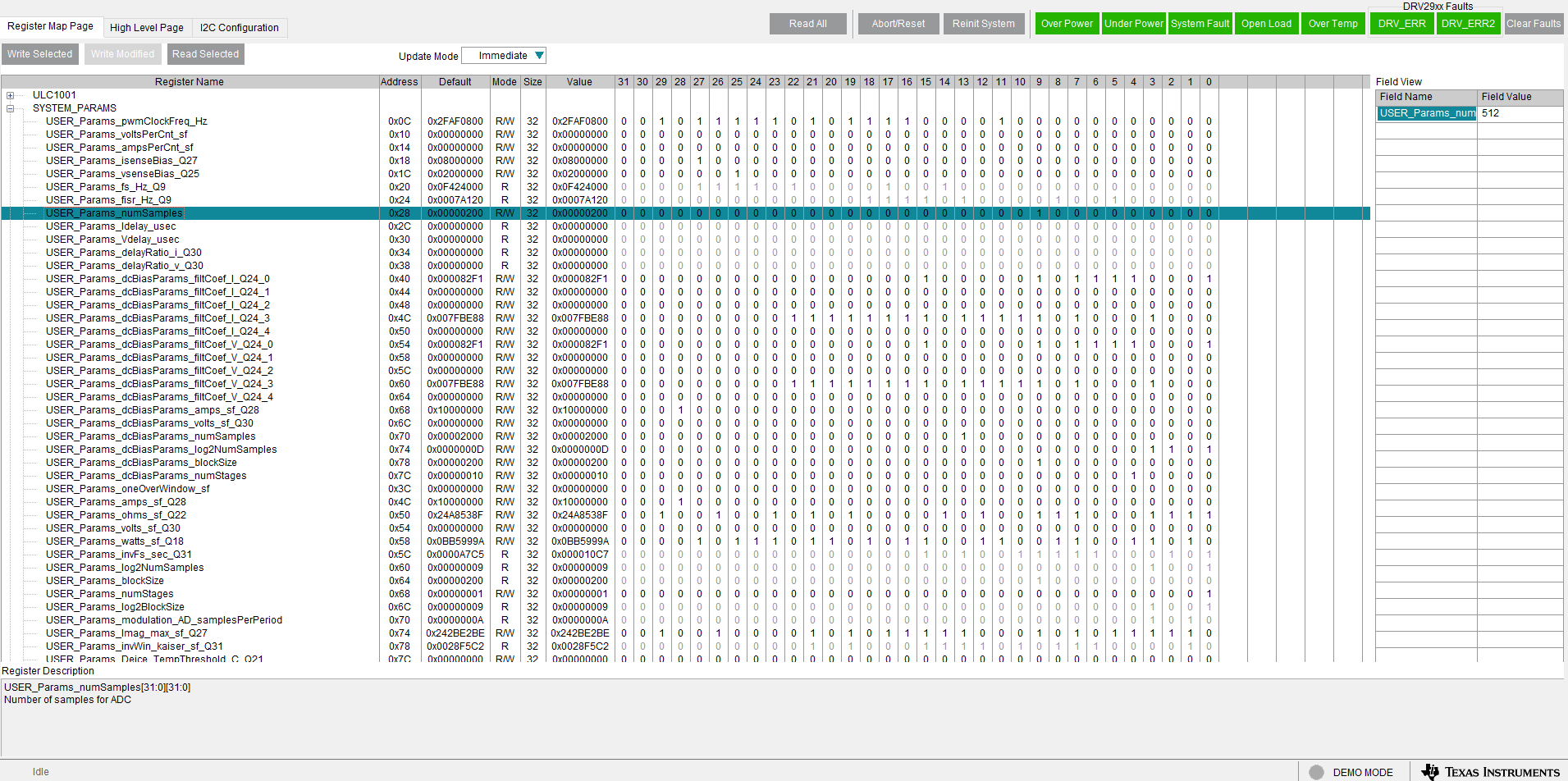 ULC1001-DRV2911EVM GUI Register Map Page
                    (Software Registers)