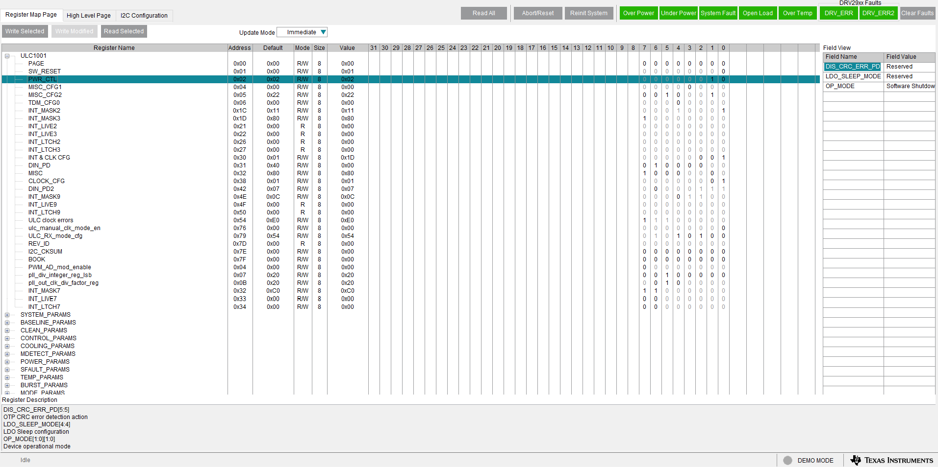 ULC1001-DRV2911EVM GUI Register Map Page
                    (Hardware Register)