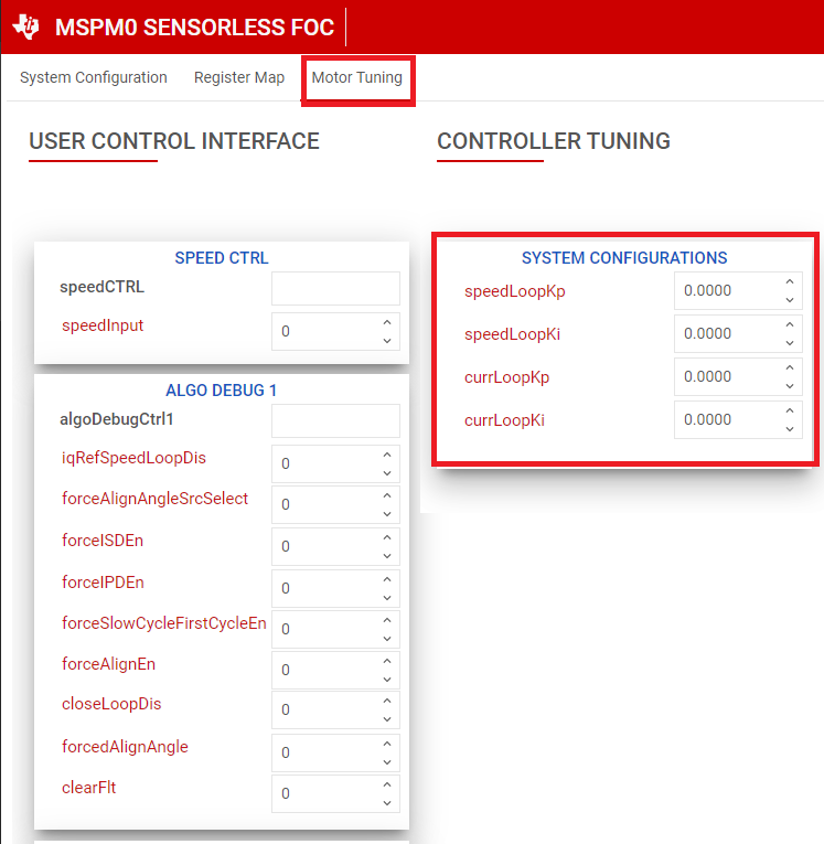  PI Loop Tuning in GUI Motor Tuning page