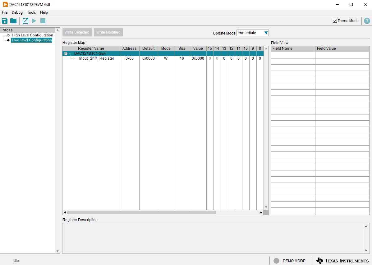 DAC121S101SEPEVM Low Level Configuration Page