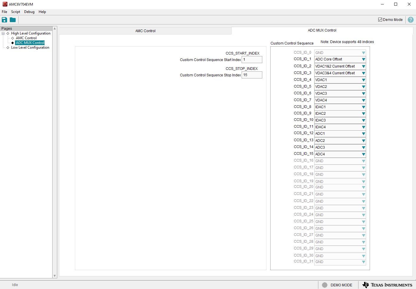 AMC6V704EVM ADC MUX Control Tab of the High Level Configuration Page