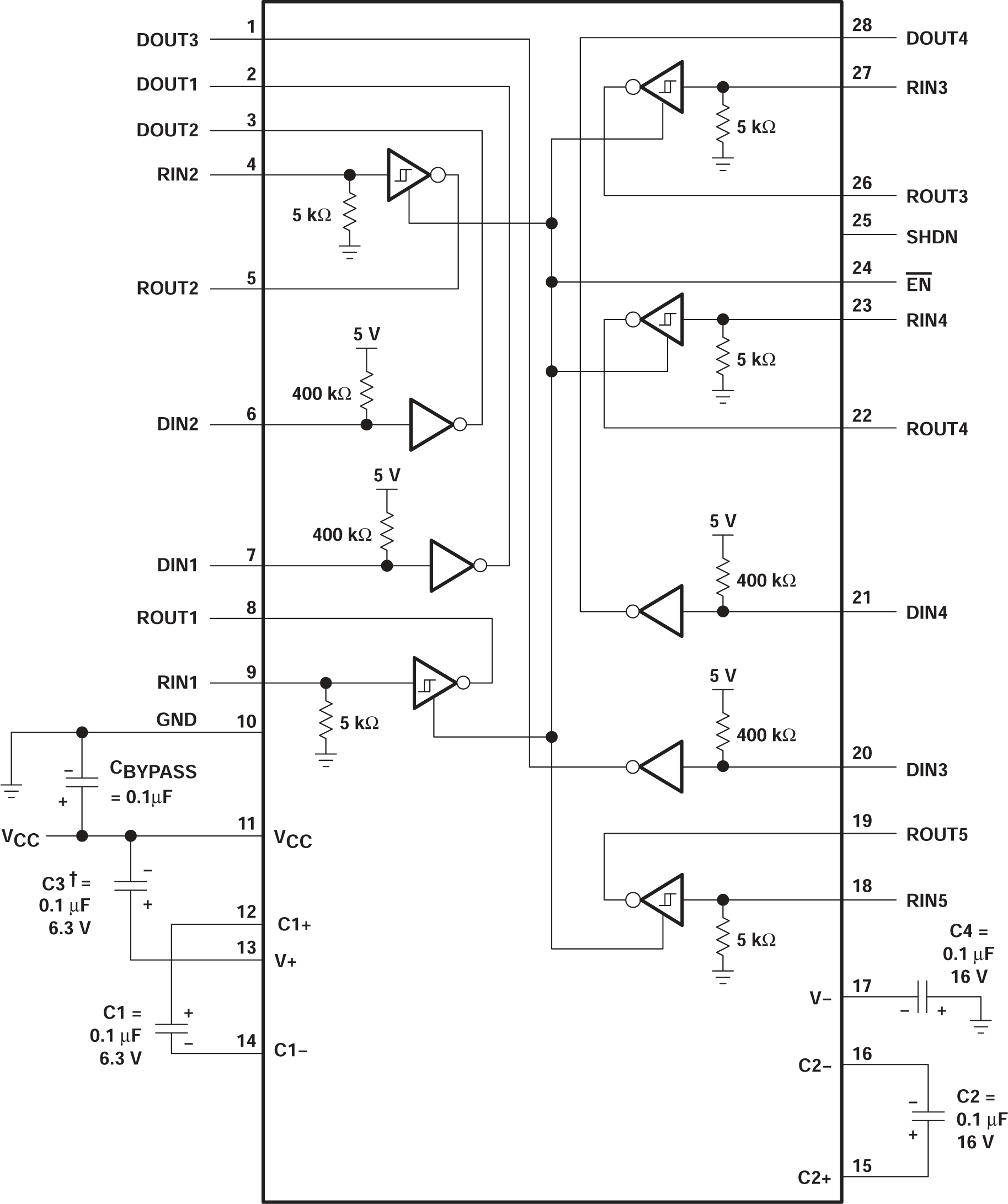 MAX211 Typical Operating Circuit and
                    Capacitor Values
