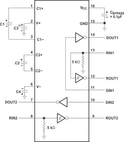 TRS3232E Typical
                    Operating Circuit and Capacitor Values