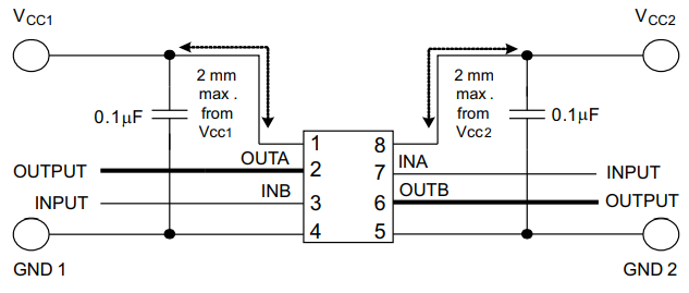 ISO7220A-Q1 ISO7221A-Q1 ISO7221C-Q1 Typical
                    ISO7221x-Q1 Circuit Hook-Up