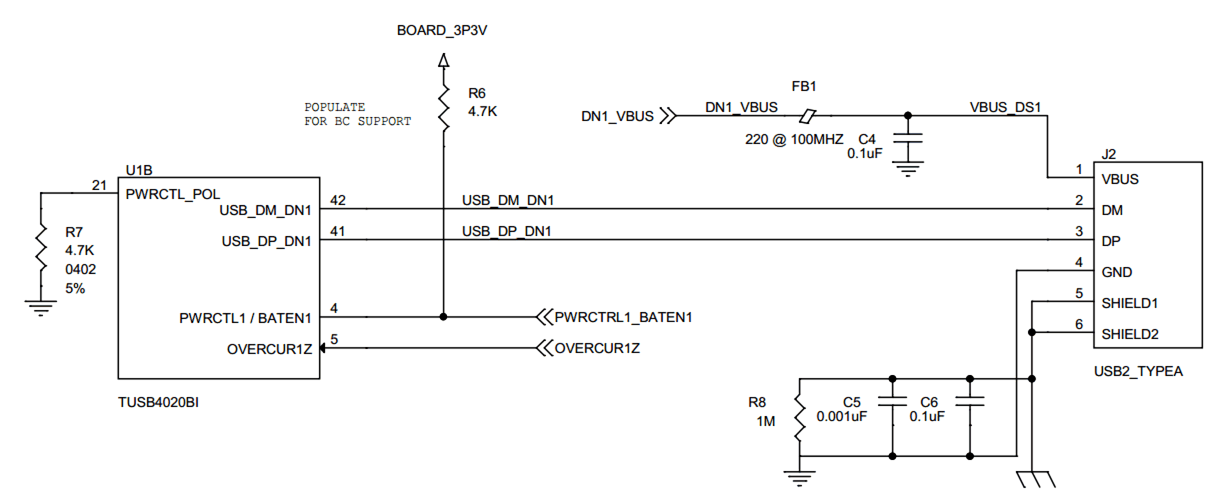 TUSB4020BI Downstream Port 1 Implementation Schematic
