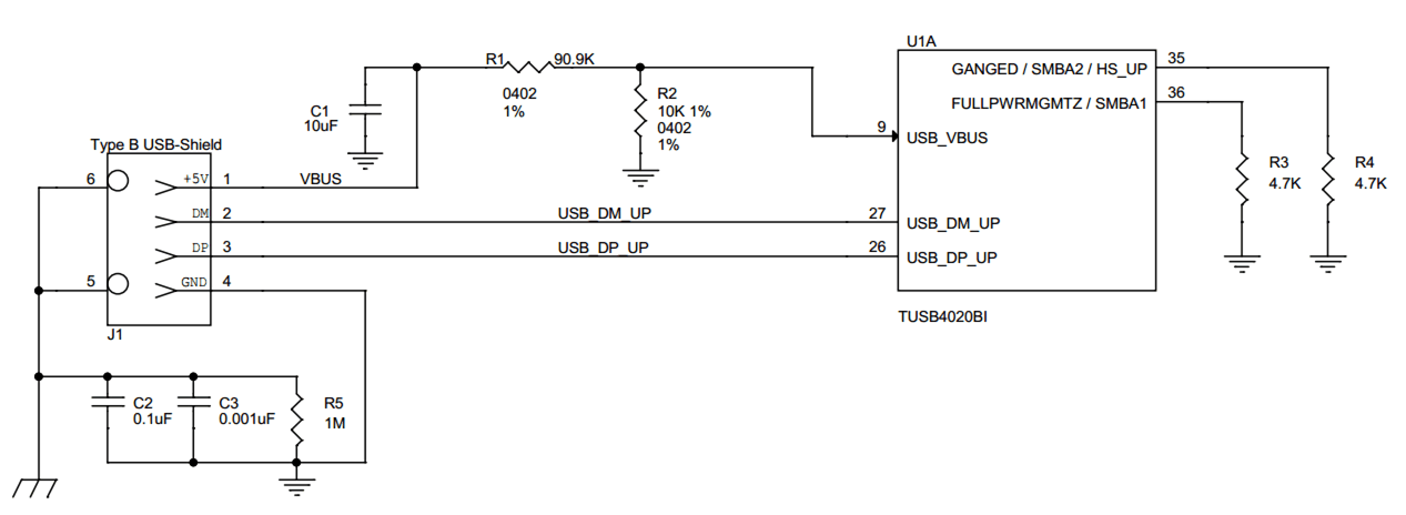 TUSB4020BI Upstream Port Implementation Schematic