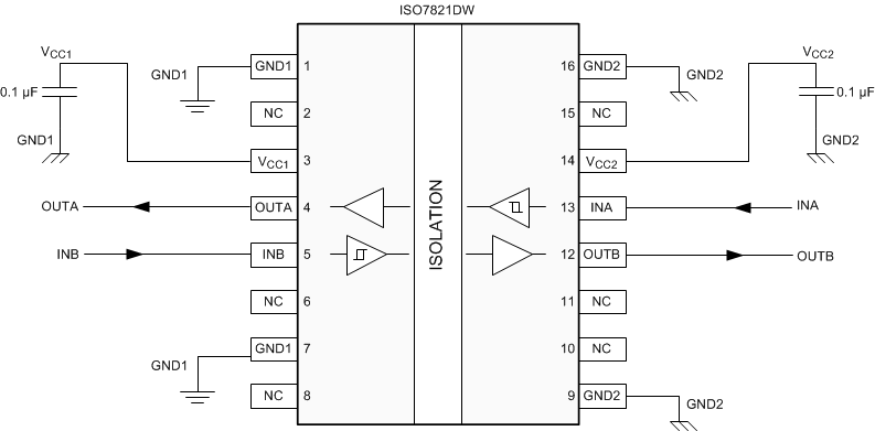 ISO7821 ISO7821F Typical ISO7821 Circuit Hook-up