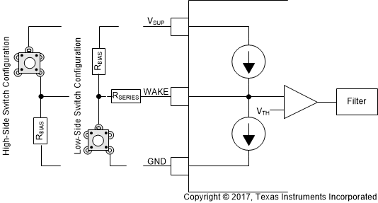 TCAN1043-Q1 TCAN1043H-Q1 TCAN1043HG-Q1 TCAN1043G-Q1 TCAN1043xx-Q1 WAKE Circuit Example