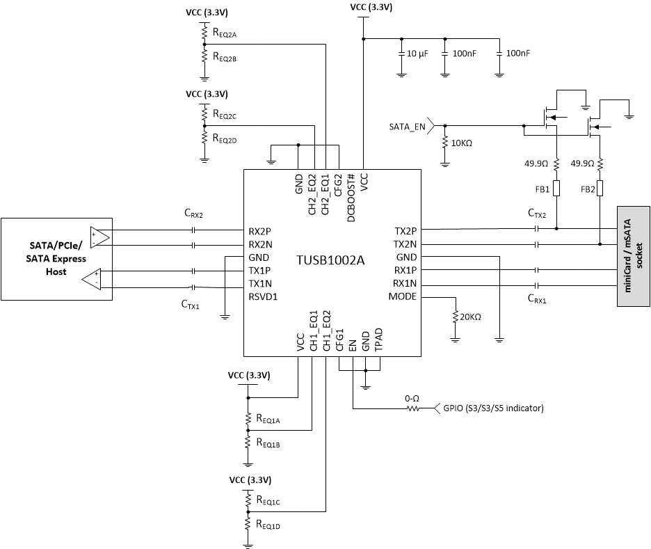 TUSB1002A Example SATA/PCIe/SATA Express
                    Schematic