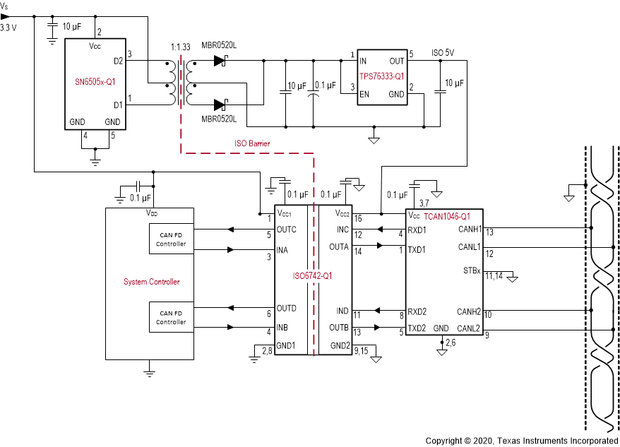 ISO6740-Q1 ISO6741-Q1 ISO6742-Q1 Typical
                    Isolated CAN Application Circuit