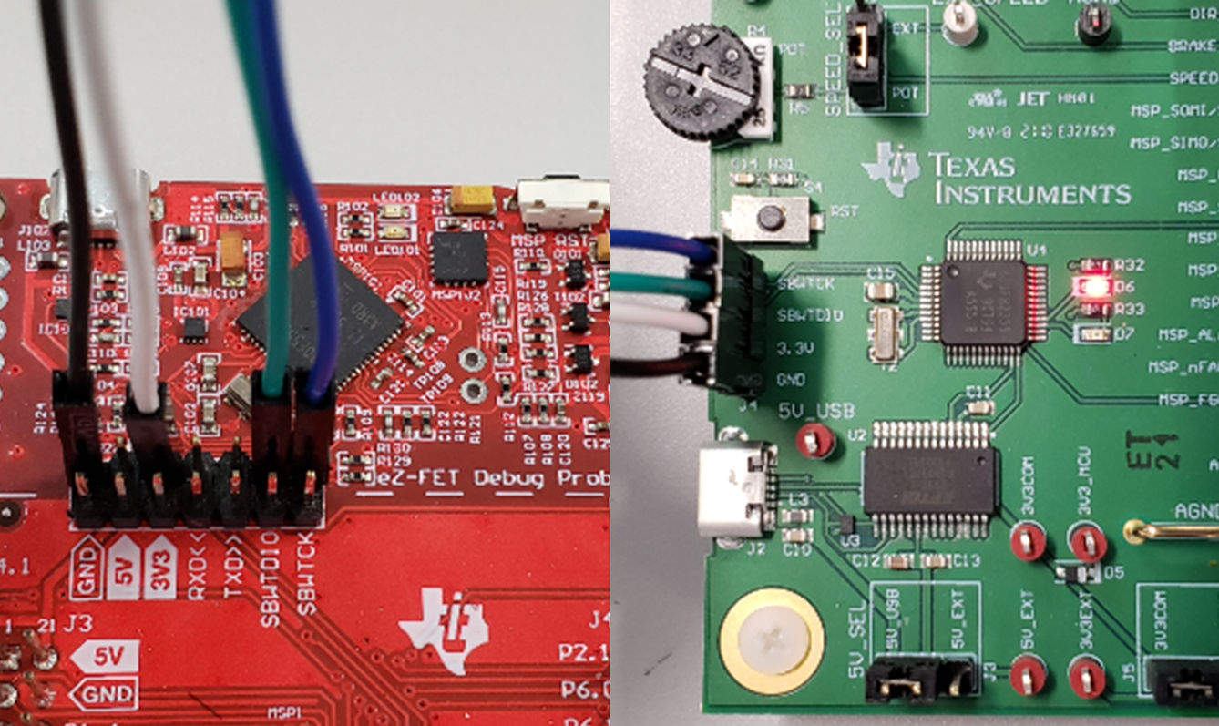 MCF8329RRYEVM MSP430 LaunchPad eZ-FET Debug Probe Connected to MSP430FR2355