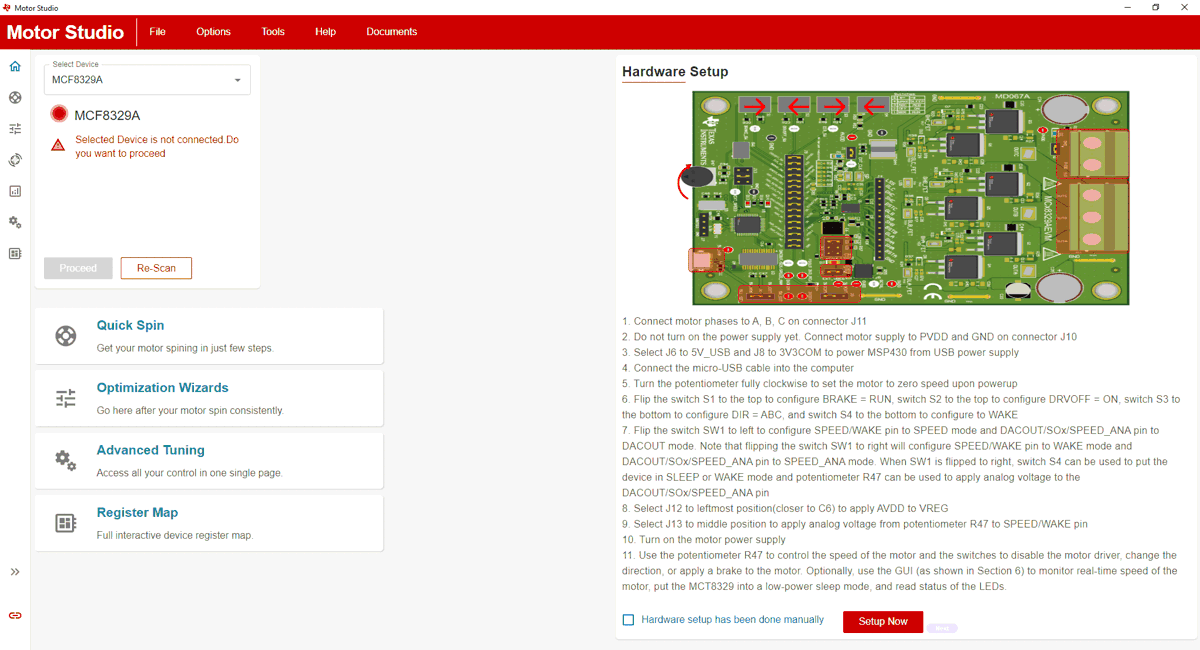 MCF8329RRYEVM Motor Studio GUI MCF8329A Home Page