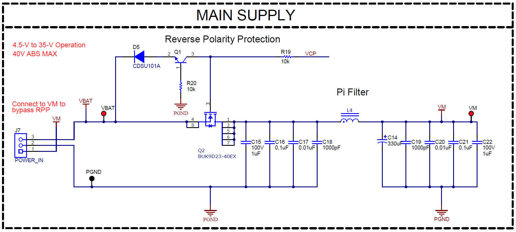 MCF8315PWPEVM Main Supply and Pi Filter Schematic