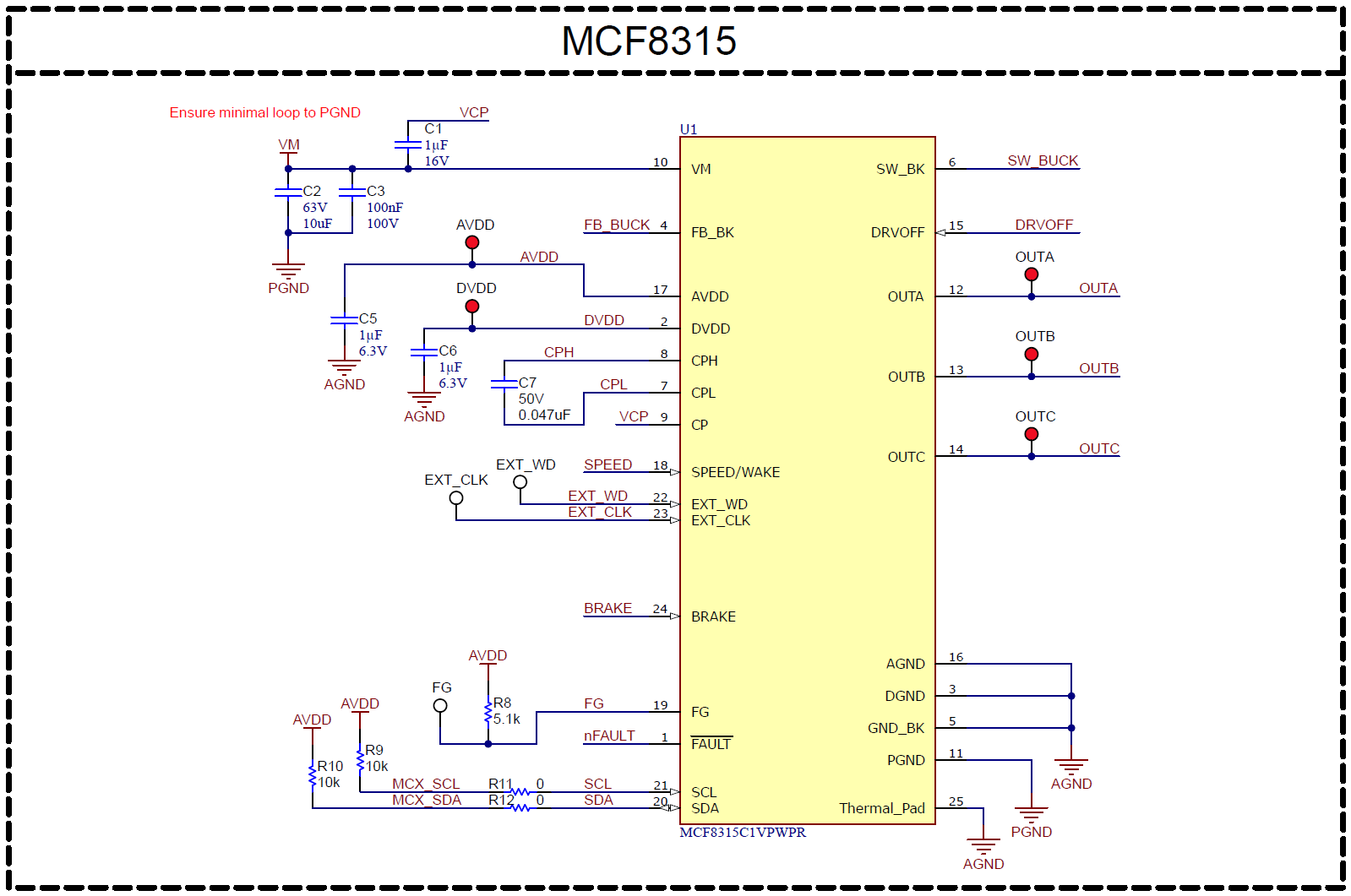 MCF8315PWPEVM MCF8315 3-Phase Sensorless FOC Integrated Driver Schematic