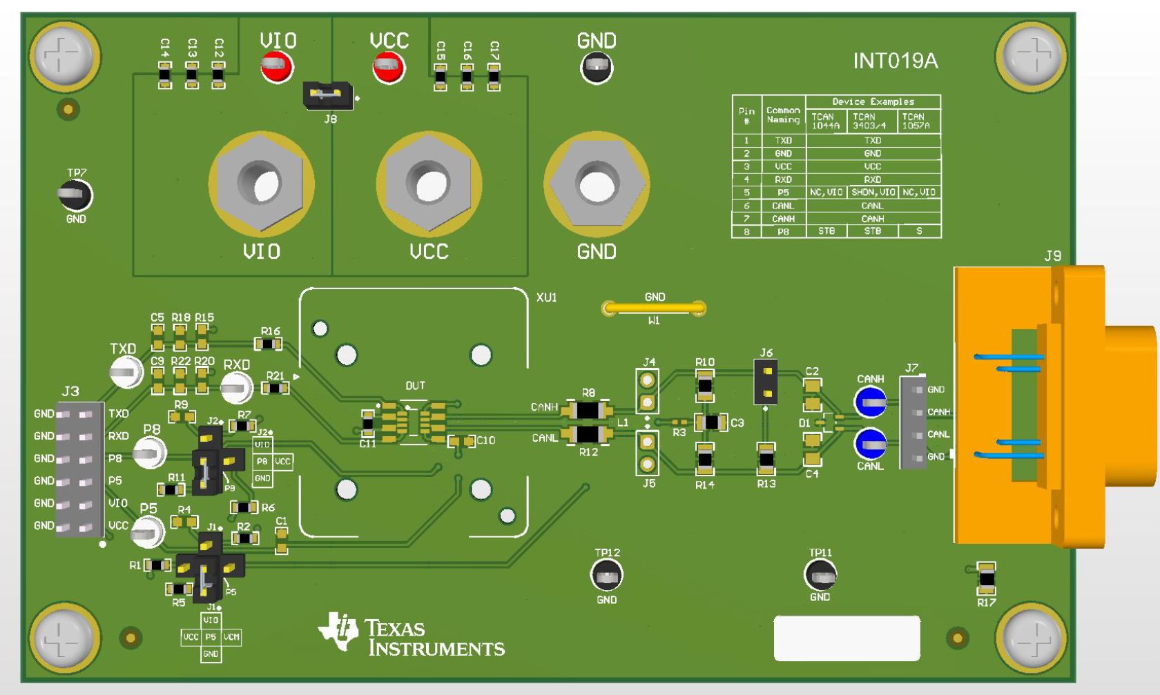 TCAN-SOIC8-EVM EVM Layout (Top View)