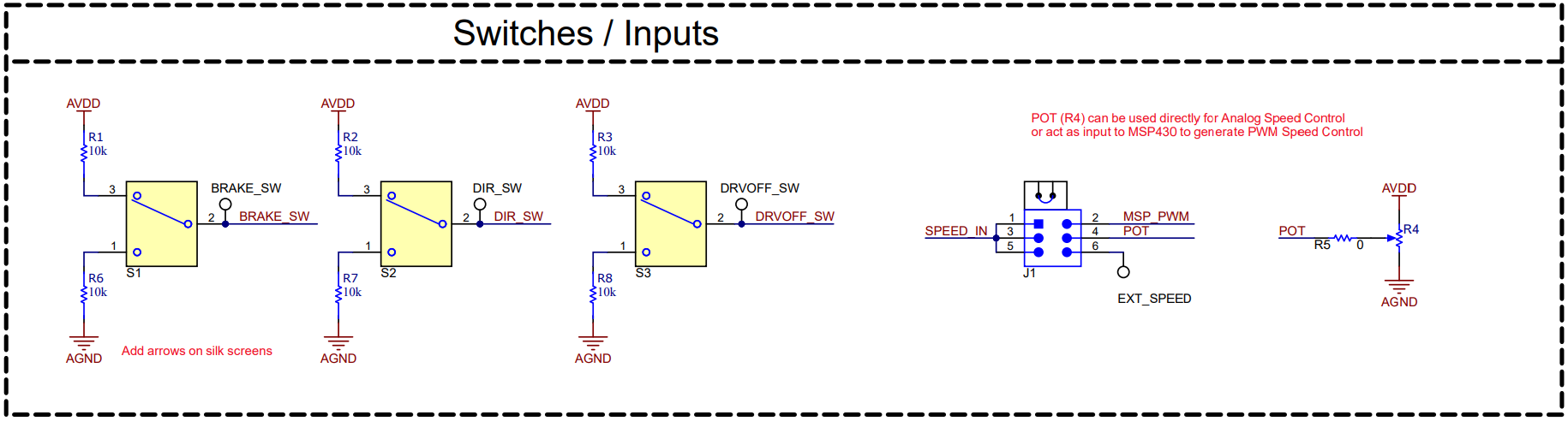 MCF8315RRYEVM Switches and Speed Input
          Schematic