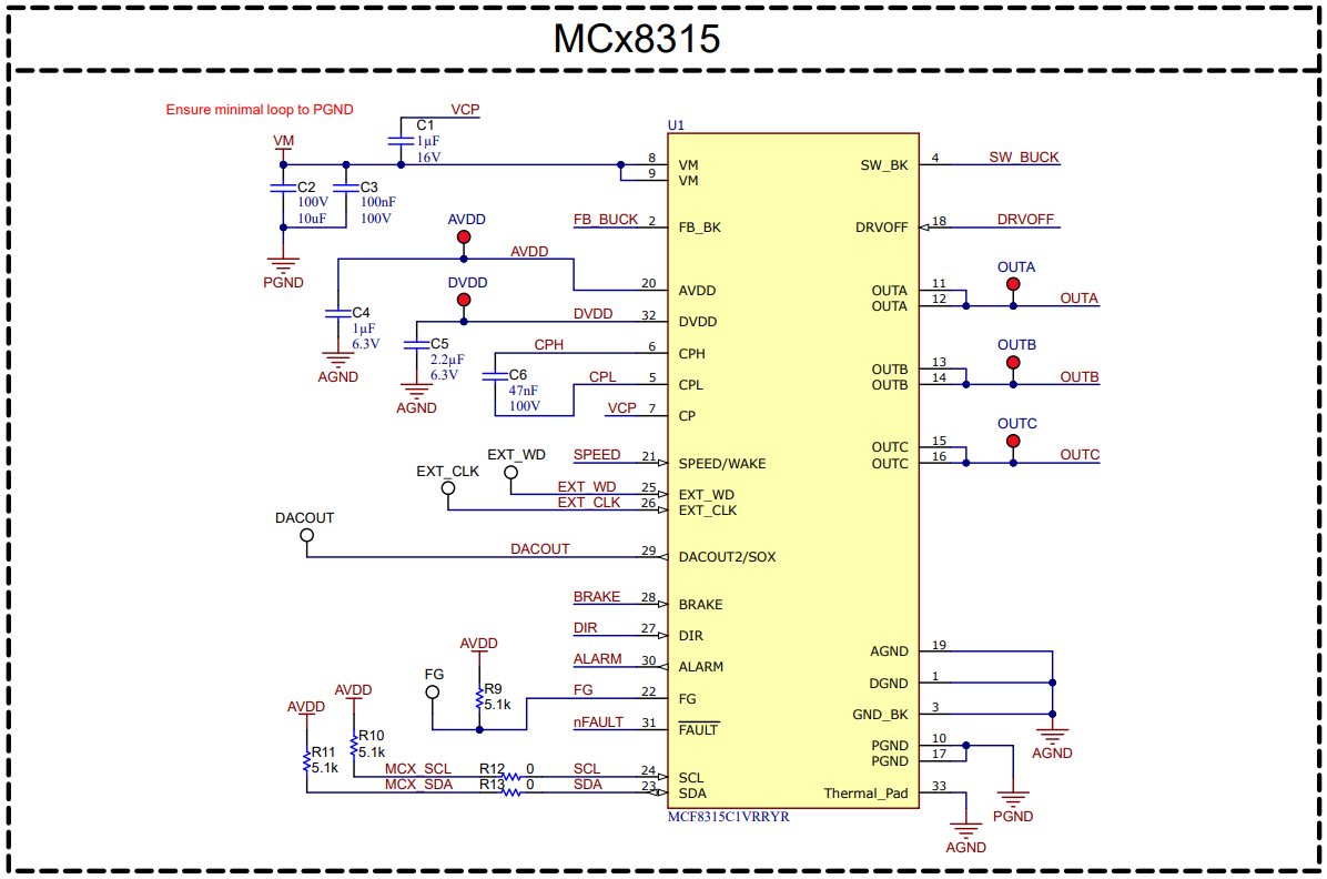 MCF8315RRYEVM MCF8315 3-Phase Sensorless FOC
          Integrated Driver Schematic