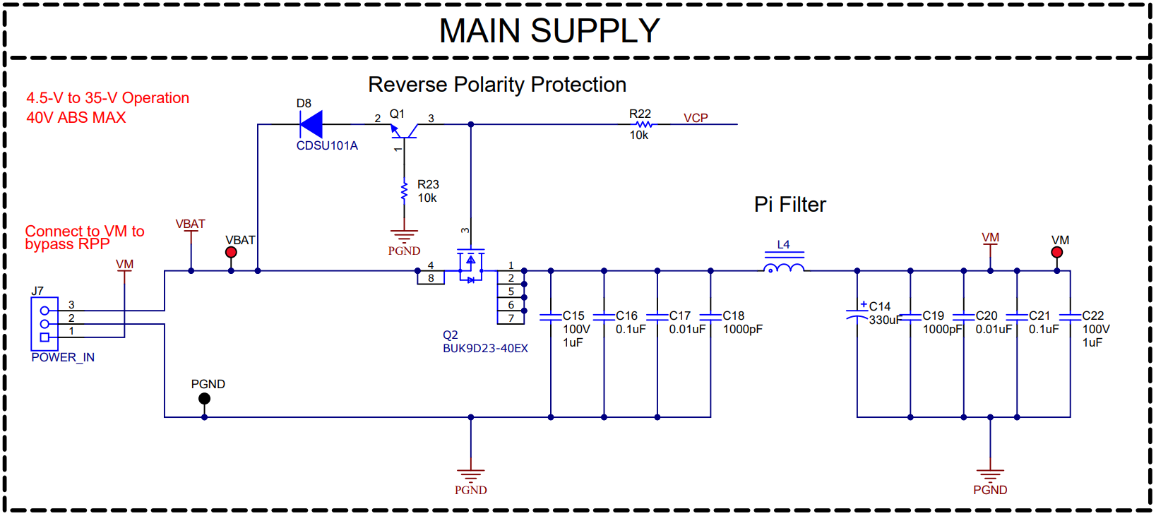 MCF8315RRYEVM Main Supply and Pi Filter
          Schematic