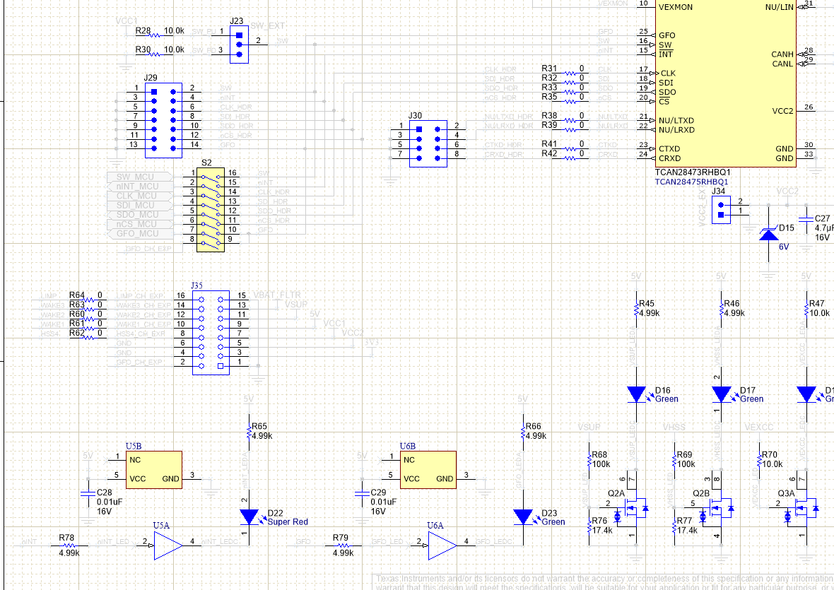 TCAN284XEVM Out of Box Schematic - With
                    DNI'd Components Crossed Out