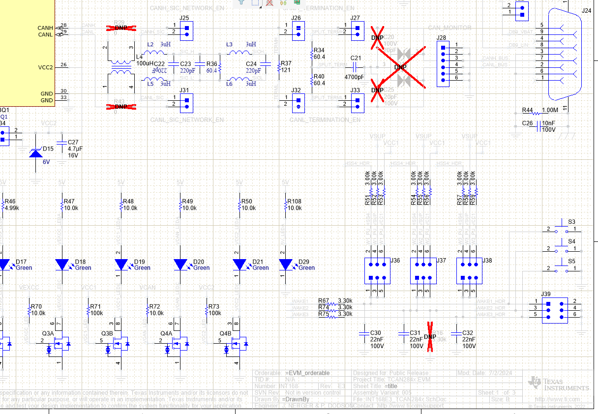 TCAN284XEVM Out of Box Schematic - With
                    DNI'd Components Crossed Out