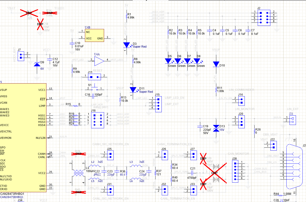 TCAN284XEVM Out of Box Schematic - With
                    DNI'd Components Crossed Out