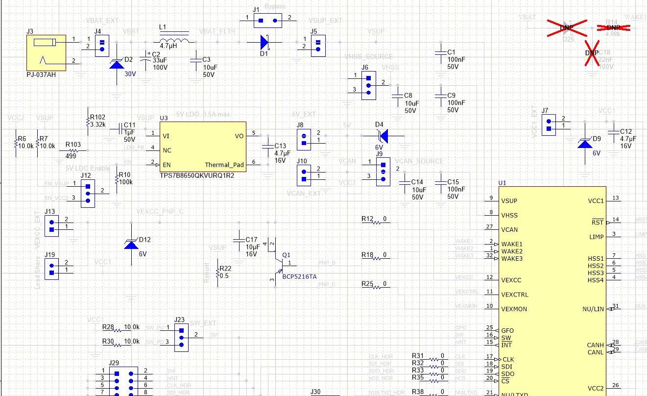 TCAN284XEVM Out of Box Schematic - With
                    DNI'd Components Crossed Out