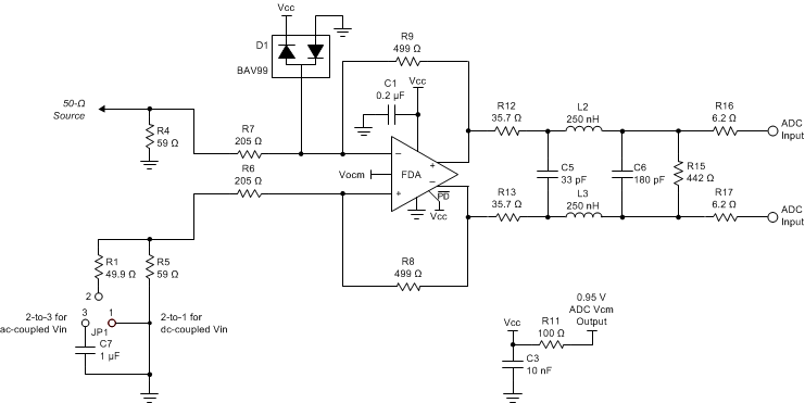 THS4541-Q1 DC-Coupled, Bipolar Input Gain of 2 V/V Single-Ended to Differential Interface to ADC