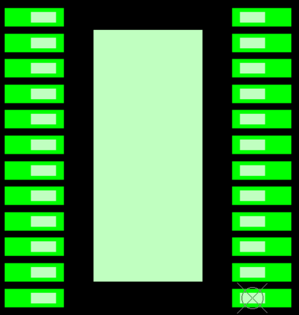 DRV81008-Q1 SO-24 on PWP0024T PCB Pad, White: other SO-24 leads, Green: TI PWP0024T PCB Pad