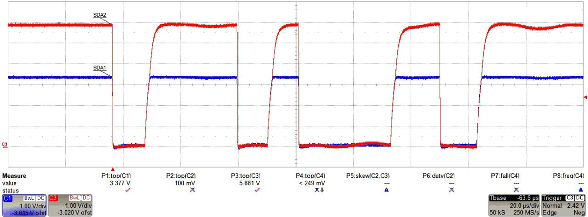  Address 0x74 Sent Across the TCA39306 when
                        VCC1 = 3.3V, VCC2 = 5.0V, CBUS1 = 100pF,
                        CBUS2 = 100pF, Pull LOW on Target Side (SDA2)