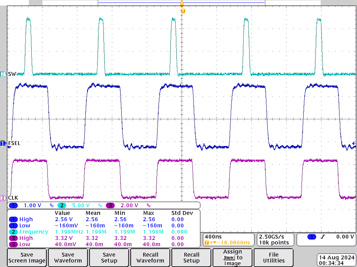  Clock On, Clock Frequency
                        = 1.2MHz, Clock Amplitude = 3.3V, R1 = 500kΩ, Rfsel = 11.7kΩ, C1 =
                        1nF