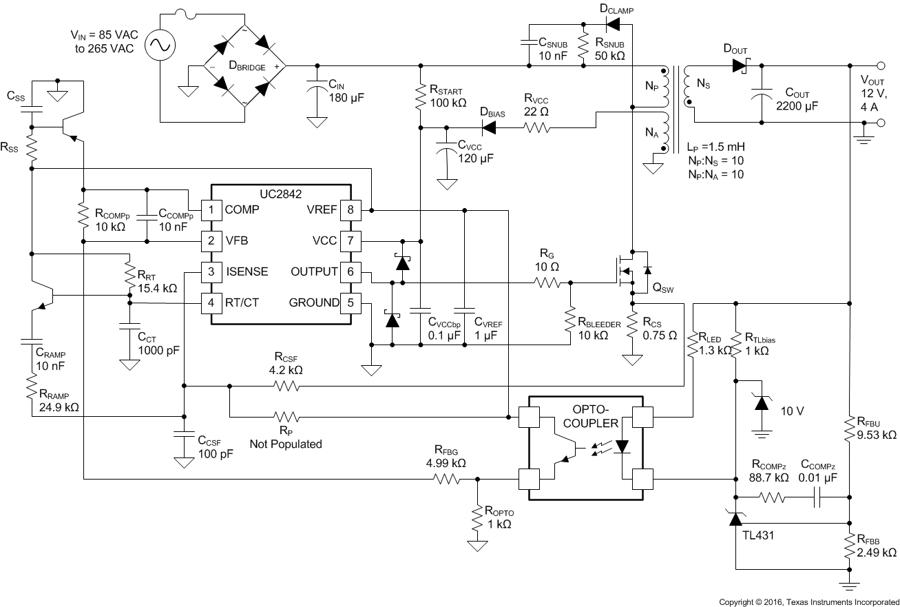 UC1842 UC2842 UC3842 UC1843 UC2843 UC3843 UC1844 UC2844 UC3844 UC1845 UC2845 UC3845 Typical
                    Application Design Example Schematic