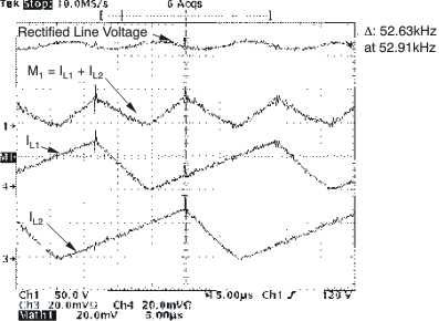 UCC28063 Inductor and Input Ripple Current at 85 VRMS at Peak of Line Voltage