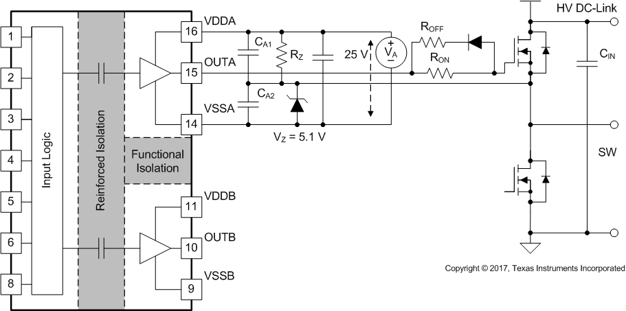 UCC21520-Q1 Negative Bias with Zener Diode on Iso-Bias Power Supply
                    Output