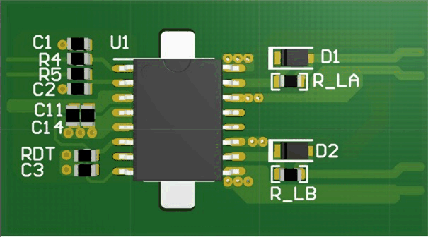 UCC21520-Q1 3-D PCB Top View