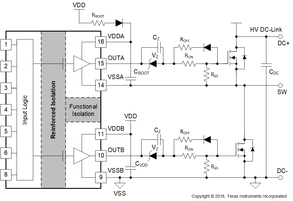 UCC21530 Negative
                    Bias with Single Power Supply and Zener Diode in Gate Drive Path