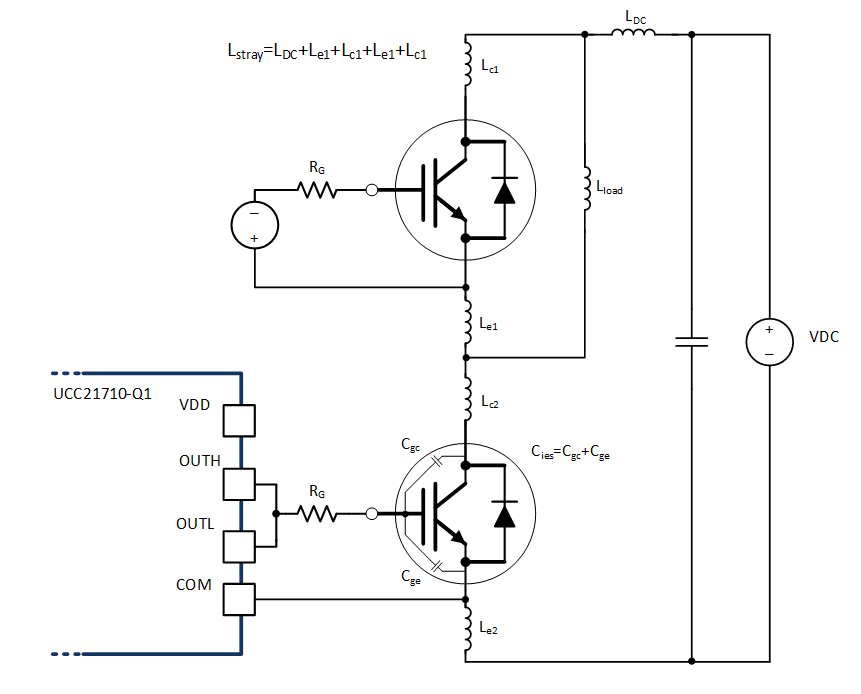 UCC21710-Q1 Stray Parasitic Inductance of IGBTs in a Half-Bridge Configuration