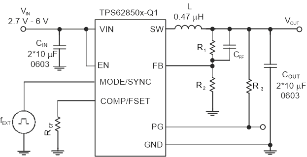 TPS628501-Q1 TPS628502-Q1 TPS628503-Q1 Schematic using External Synchronization