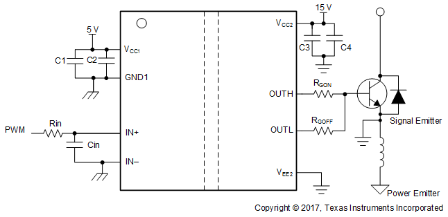 UCC5350-Q1 Typical
                    Application Circuit for UCC5350SB-Q1 to
                    Drive IGBT