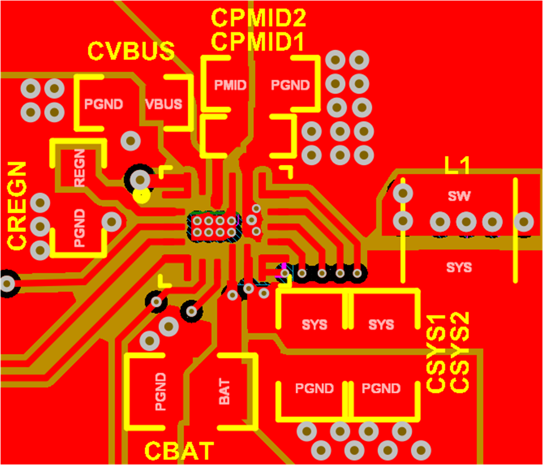 BQ25628 BQ25629 Layout Example: Top Layer
                    (red) and All PGND Internal Layer 2 (brown)