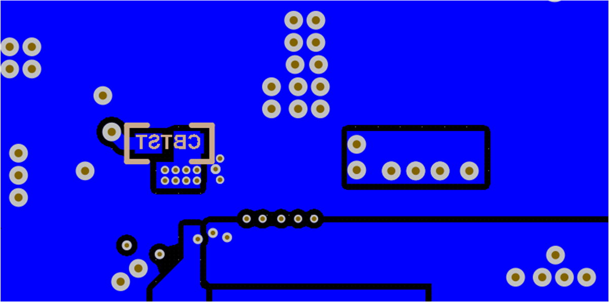 BQ25628 BQ25629 Layout Example: Bottom Layer
                    X-Ray From Top (PGND pour; BTST capacitor; redundant SW, SYS and BAT
                    pours)