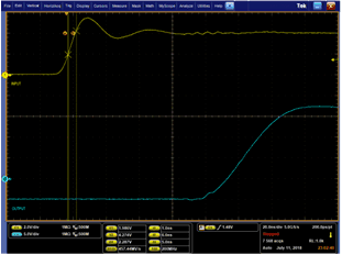 UCC21737-Q1 PWM Input (yellow) and
                        Driver Output (blue) Rising Edge