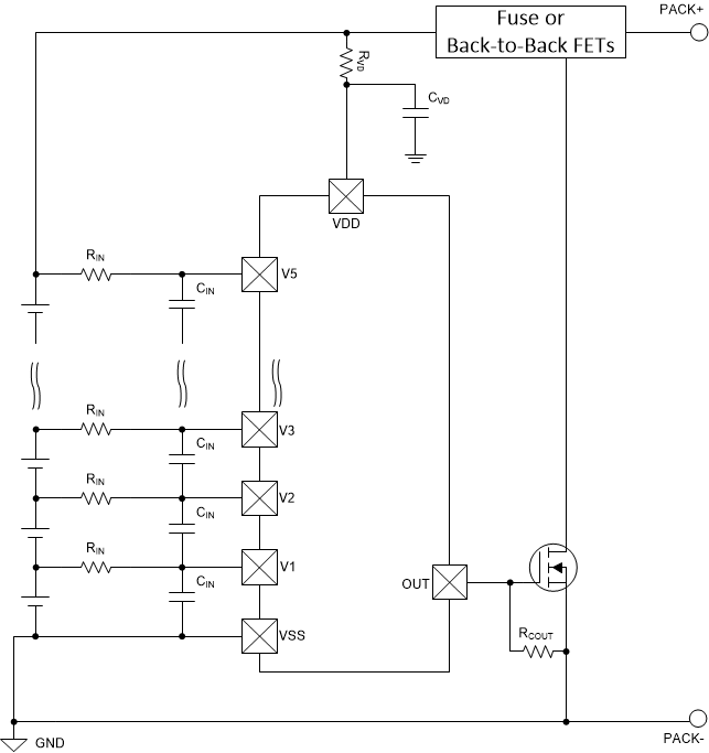 BQ77205 5-Series Cell
          Configuration with Active High 6-V Option