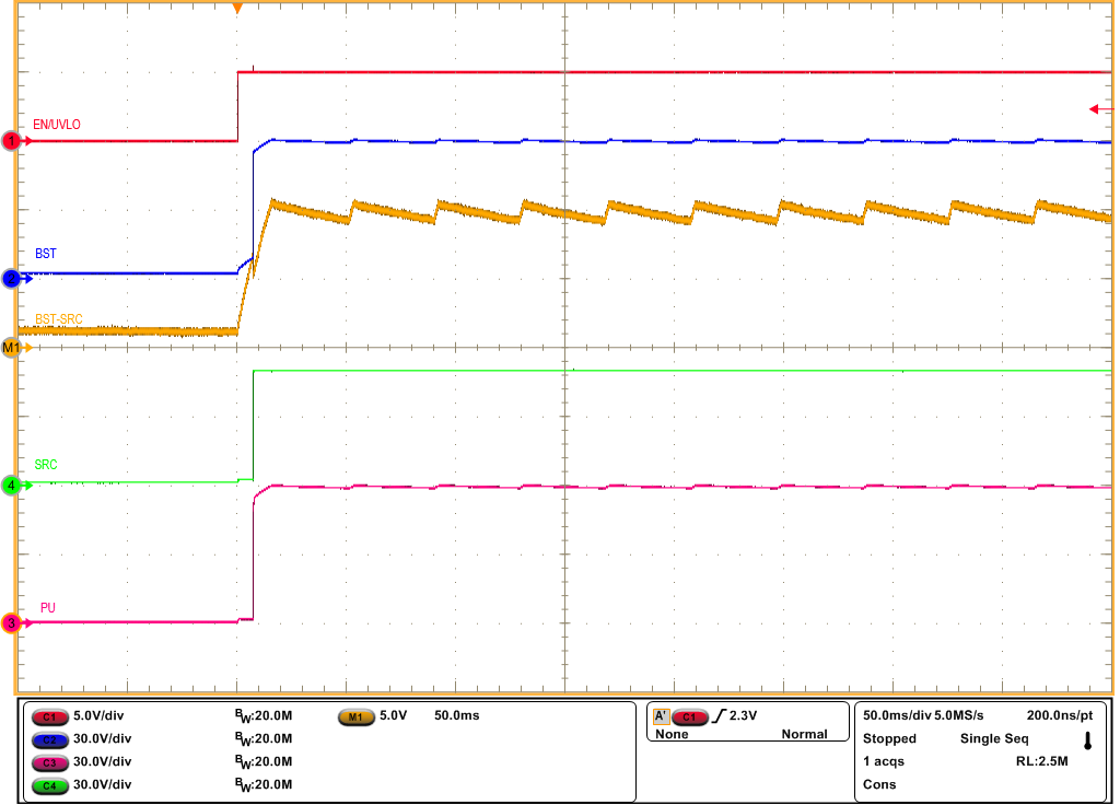 TPS4810-Q1 Start-Up Profile of Bootstrap Voltage With INP1 = INP2 = HIGH and CBST =
            470nF